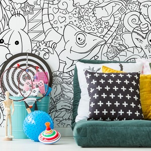 Papel tapiz con garabatos para habitación de niños, mural de pared con tema de jungla, papel tapiz con dibujos de animales lindos en blanco y negro, papel tapiz para colorear, diseño de pared para niños