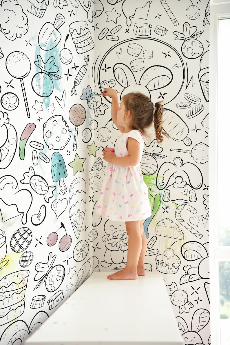 Cute Bunnies Doodle Coloring Wallpaper, KidsRoom InteractiveDecor, DIY, KidsColoringPageWall, WallMuralForKidsRoom, PeelAndStickWallpaper zdjęcie 5