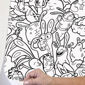 Papel tapiz de garabatos para habitación de niños, coloréame 250 murales de pared de conejitos diferentes, papel tapiz de dibujos animados en blanco y negro, papel tapiz interactivo para colorear imagen 5