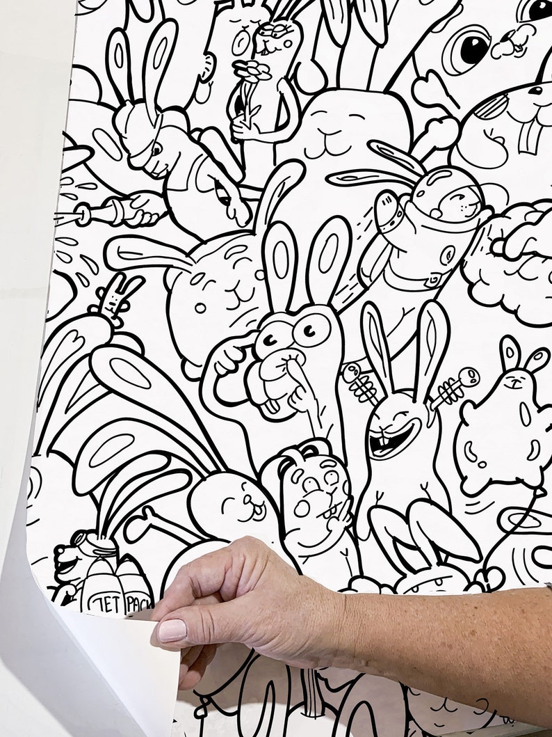 Papel tapiz de garabatos para habitación de niños, coloréame 250 murales de pared de conejitos diferentes, papel tapiz de dibujos animados en blanco y negro, papel tapiz interactivo para colorear imagen 5