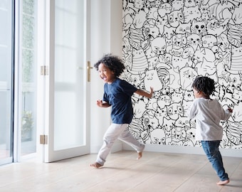 Cats Coloring Wallpaper for Kids Room | Black & White Doodle Peel and Stick Wall Art