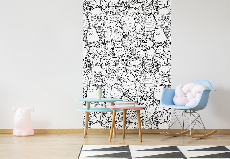 Kids Room Doodles Wallpaper Nursery Wall Murals Black White Etsy
