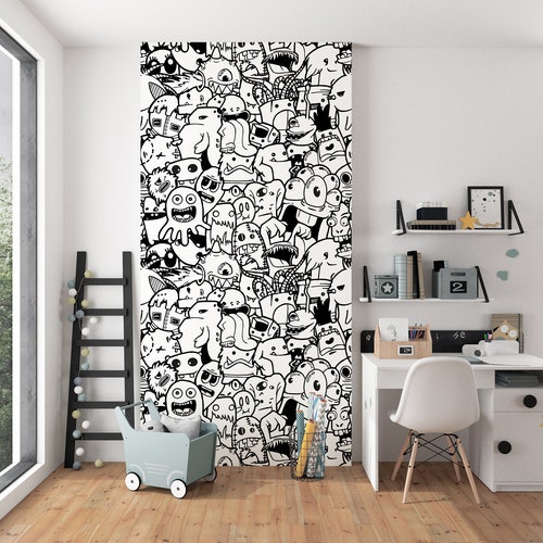 Kids Room Doodles Wallpaper Nursery Wall Murals Black White Etsy