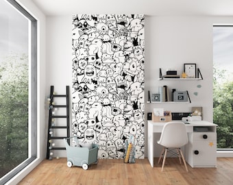 kids room doodles wallpaper, nursery wall murals, black white wallpaper, modern home decor wallpaper, coloring wallpaper, no lazy wallpapers