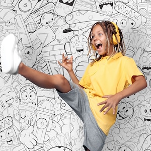 Cartoon kleuren doodles behang, behang tieners, Color me doodles street art muurschildering voor kinderkamer, Peel and stick behang