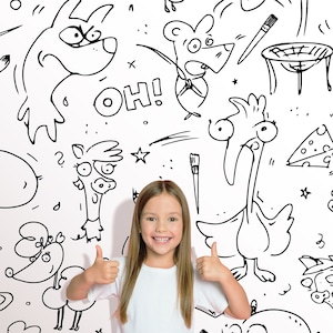 Libro para colorear papel tapiz removible, papel tapiz de animales de garabatos de la habitación de los niños, color de bricolaje en el papel tapiz, pared de la habitación de los niños, sin fondos de pantalla perezosos
