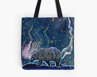 Stylish Tote Bag - "Universe Calling" -  Market Bag Shopping Bag -  blue, abstract, grizzly bear