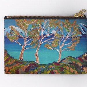 Bolsa com zíper - Shimmer - Conjunto de 3, bolsa grande, carteira, estojo para lápis, bolsa de maquiagem, estojo para cordão, azul-petróleo, turquesa, árvores, montanhas