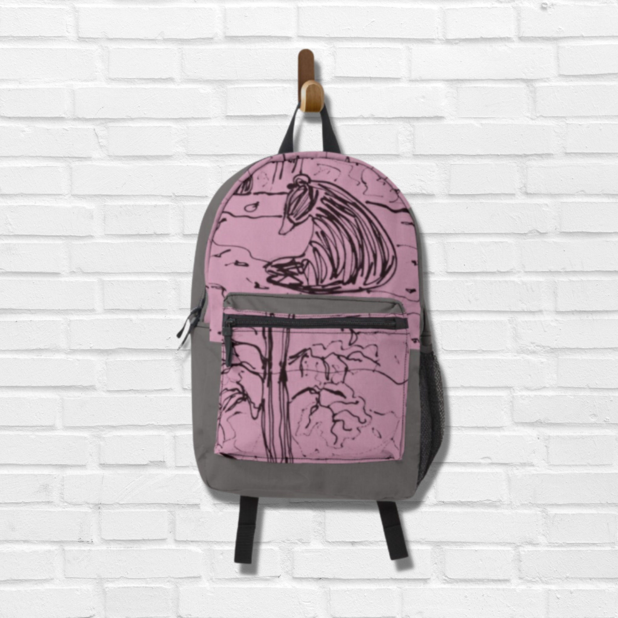 Pink Doodle Backpack for Her, Travel Rucksack, Back to School gift, Laptop Sleeve 13 inches, water repellant, water bottle pocket, knapsack