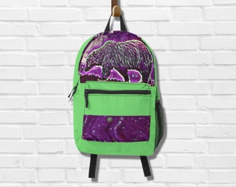 Violet & Bright Green Grizzly Bear Backpack, Going Away Travel Gift, Hiking Rucksack, Trekking Knapsack, Laptop Sleeve 13 inches, Day Pack