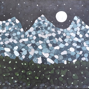 Canvas Painting Original Abstract Art Acrylic - Midnight Moon Mountain Mosaic - New Home Gift, Wedding Gift, Retirement, Home Decor