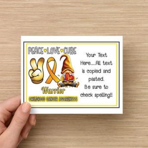 Tarjetas de apoyo y concientización con texto personalizado sobre el cáncer infantil