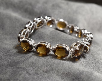 14K Yellow Gold Bracelet With Fancy Cut Faceted Smoky Topaz Gemstones 8 Inches