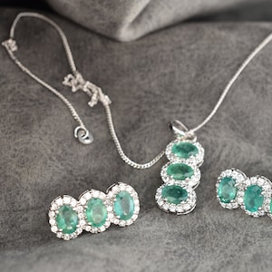 Unique Handcrafted Green Emerald Triple Stone Earrings and Pendant Set in 925 Sterling Silver by Afghan Artisans | Natural Gemstone Jewelry
