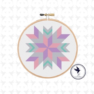 Peut inclure: Un motif de point de croix représentant une étoile éclatante dans des tons de rose, violet et turquoise. Le motif est brodé sur une toile Aida blanche et est monté dans un cercle de broderie en bois.