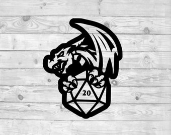 May include: Black and white illustration of a dragon holding a twenty-sided die.