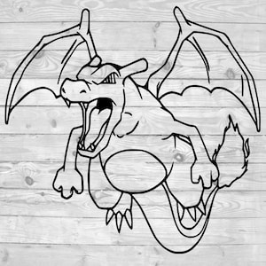 Könnte beinhalten: Schwarz-weiß-Linienzeichnung eines Drachen mit ausgebreiteten Flügeln, der mit offenem Maul brüllt. Der Drache hat einen langen Schwanz und scharfe Krallen.