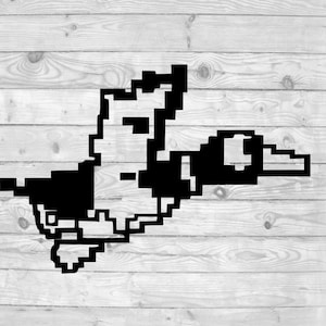May include: Black and white pixel art illustration of a duck with its wings spread out.