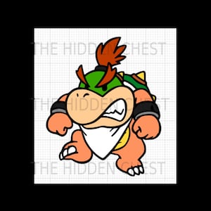 Könnte beinhalten: Cartoon-Illustration eines Bowser Jr.-Charakters mit grünem Panzer, orangefarbener Haut und einem weißen Lätzchen. Die Figur hat einen entschlossenen Gesichtsausdruck mit gerunzelter Stirn und zusammengebissenen Zähnen. Der Text The Hidden Chest ist sichtbar.
