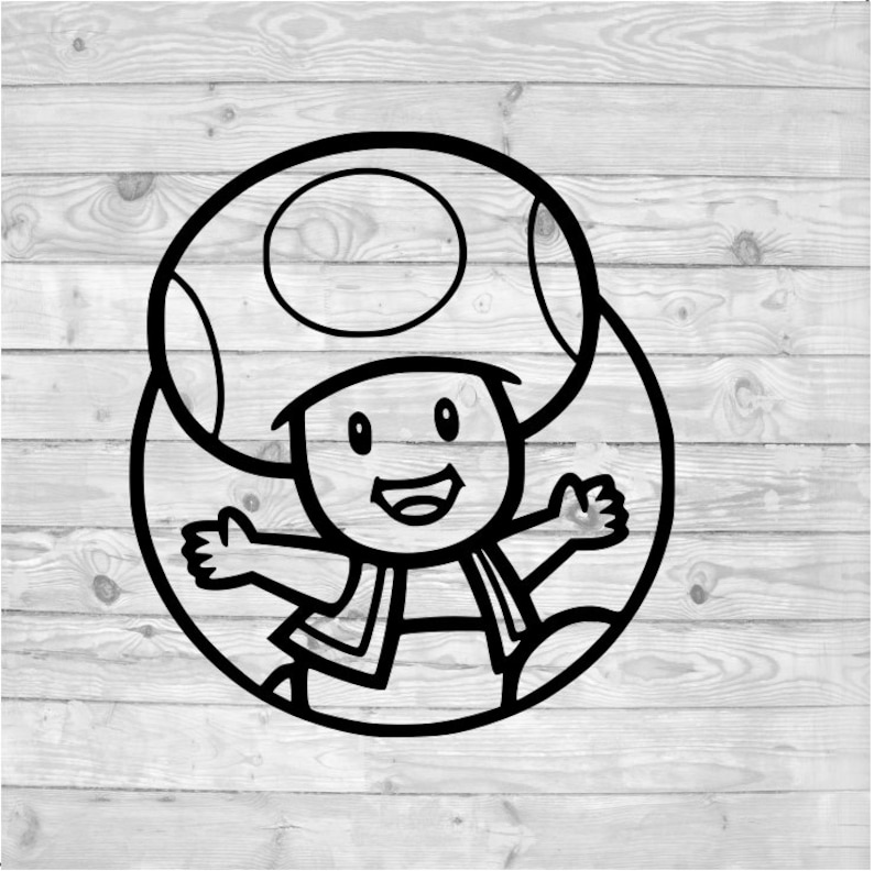 May include: Black and white line drawing of a cartoon mushroom character with a big smile, wearing a scarf and a hat. The character is in a circle.