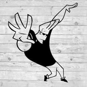 May include: Black and white illustration of a cartoon character wearing a black shirt and pants, with one arm raised and the other hand in a fist.
