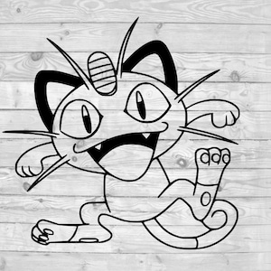 Op de afbeelding: Zwart-witte lijntekening van een cartoonkat met een grote glimlach en een gekrulde staart. De kat heeft grote ogen en een puntig oor.
