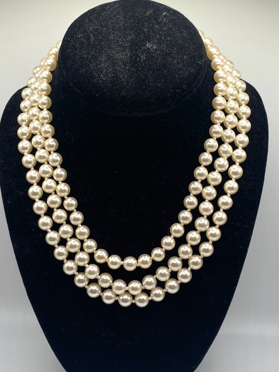 Vintage Gold Tone Triple Strand Creamy White Faux 