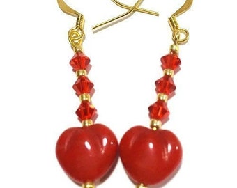 Cadeau Femme Boucles d'oreilles cœur rouge en perles de verre