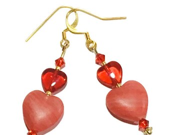 Cadeau Femme Boucles d'oreilles cœur rouge en perles de verre