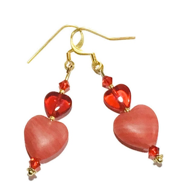 Cadeau Femme Boucles d'oreilles cœur rouge en perles de verre