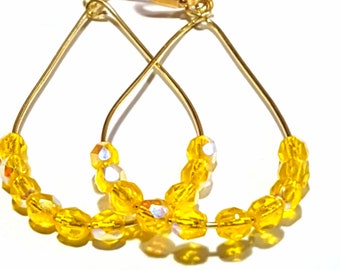 Cadeau Femme Boucles d'oreilles créoles plaqué or,verre citrine