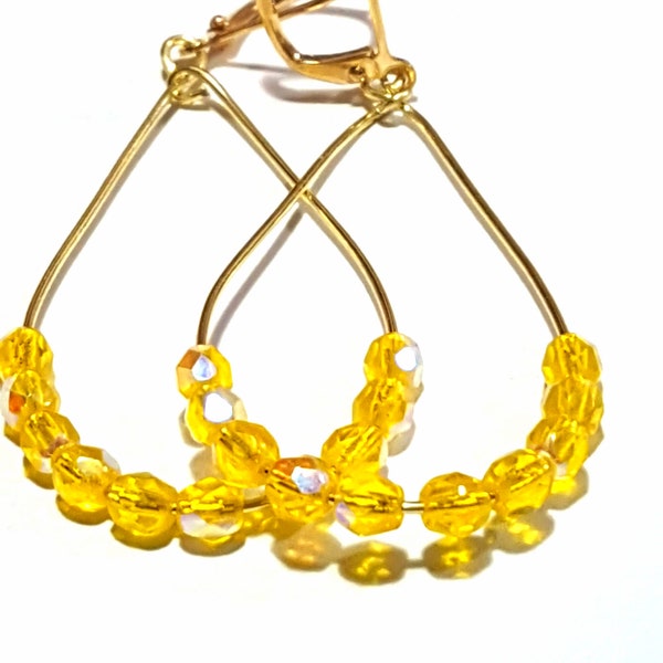 Cadeau Femme Boucles d'oreilles créoles plaqué or,verre citrine