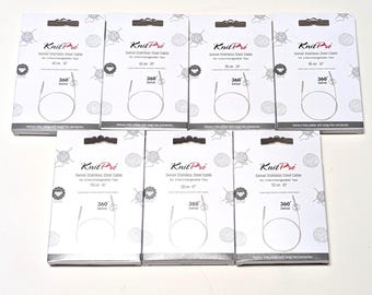 SET OF 7 KnitPro Stainless Steel SWIVEL 360 cable translucent with Silver connectors- KnitPro/Knitter's Pride Swivel Silver steel cord set