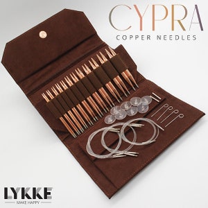 Lykke CYPRA Copper 5" Long Tip Interchangeable Knitting needle set-Cypra Copper knitting needles-Lykke Copper needles-Brown Vegan Suede