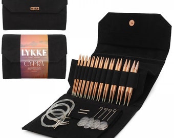 Lykke CYPRA Copper 5" Long Tip Interchangeable Knitting needle set-Cypra Copper knitting needles-Lykke Copper needles-Black Vegan Suede