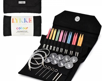 Lykke COLOUR 3.5" Short Tip Interchangeable Knitting needle set-Colour Birchwood knitting needles-Lykke Colour needles set-Black Vegan Suede