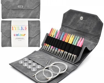 Lykke COLOUR 5" Long Tip Interchangeable Knitting needle set-COLOUR Birchwood knitting needles-Lykke Colour full needles set-Grey Denim case