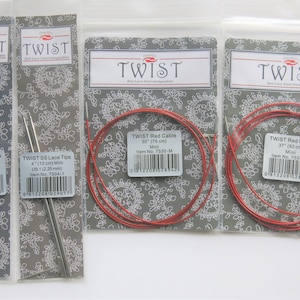 May include: Four packages of knitting needles and cables. Two packages contain 4 inch (10 cm) stainless steel lace tips, one package contains a 30 inch (75 cm) red cable, and one package contains a 37 inch (93 cm) red cable. The packages are labeled "TWIST" and include item numbers and barcodes.