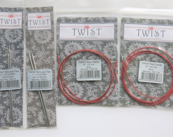 May include: Four packages of knitting needles and cables. Two packages contain 4 inch (10 cm) stainless steel lace tips, one package contains a 30 inch (75 cm) red cable, and one package contains a 37 inch (93 cm) red cable. The packages are labeled "TWIST" and include item numbers and barcodes.