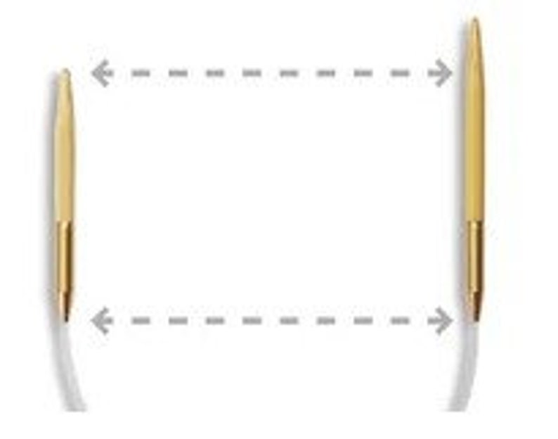 May include: Circular knitting needles with gold-coloured tips and a white cable. The needles are shown with a dashed line indicating the total length. The needles are designed for knitting projects.