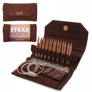 Lykke CYPRA Copper 3.5" Short Tip Interchangeable Knitting needle set-Cypra Copper knitting needles-Lykke Copper needles-Brown Vegan Suede