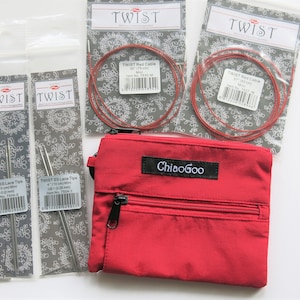 Chiaogoo sock knitting needles Red Lace US1/2.25mm&US1.5/2.50mm +30"/37" cables + Red accessory pouch-Chiaogoo Lace Mini tips 4 inches