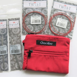 Chiaogoo sock knitting needles Red Lace US0/2.0mm&US1/2.25mm +30&quot;/37&quot; cables + Red accessory pouch-Chiaogoo Lace Mini tips 4 inches