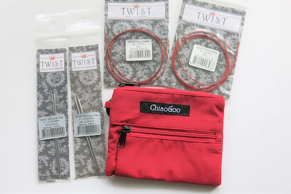 Chiaogoo sock knitting needles Red Lace US0/2.0mm&US1/2.25mm +30"/37" cables + Red accessory pouch-Chiaogoo Lace Mini tips 4 inches