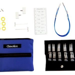 May include: A blue zippered pouch with the brand name "Chiaogoo" is surrounded by knitting tools. Included are several metal knitting needles, a ruler, stitch markers, and a blue cable needle.