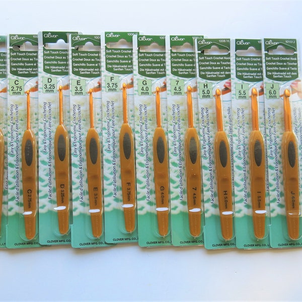 SET OF 10-2.25mm to 6.0mm Clover Crochet hooks- Clover Soft Touch Crochet hooks- Clover crochet hooks-Light ergonomic crochet hooks