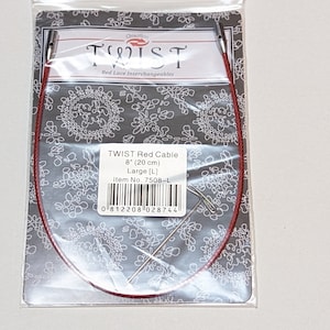May include: A red 8-inch (20 cm) cable for interchangeable knitting needles. The cable is packaged in a clear plastic bag with a white and gray patterned card. The card includes the brand name "Chisofico Twist", the product name "TWIST Red Cable", the size "8" (20 cm), the size description "Large [L]", and the item number "7508-L".