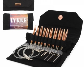 Lykke CYPRA Copper 3.5" Short Tip Interchangeable Knitting needle set-Cypra Copper knitting needles-Lykke Copper needles-Black Vegan Suede
