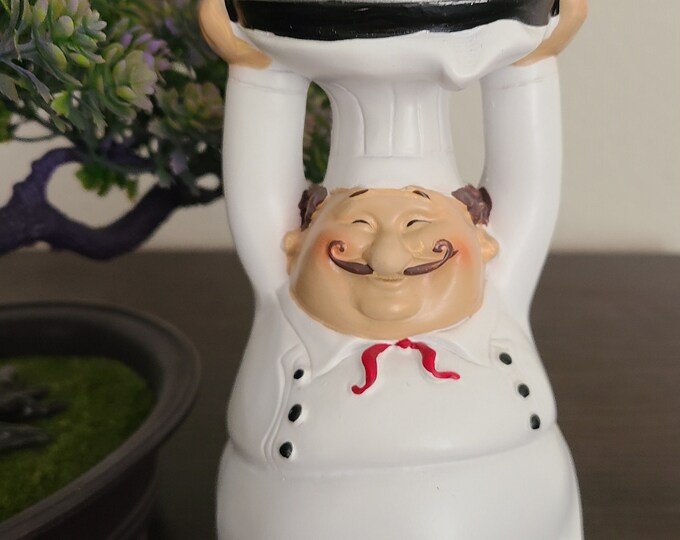 Fat Chef Kitchen Statue Holding Pan on Head Italian Bistro