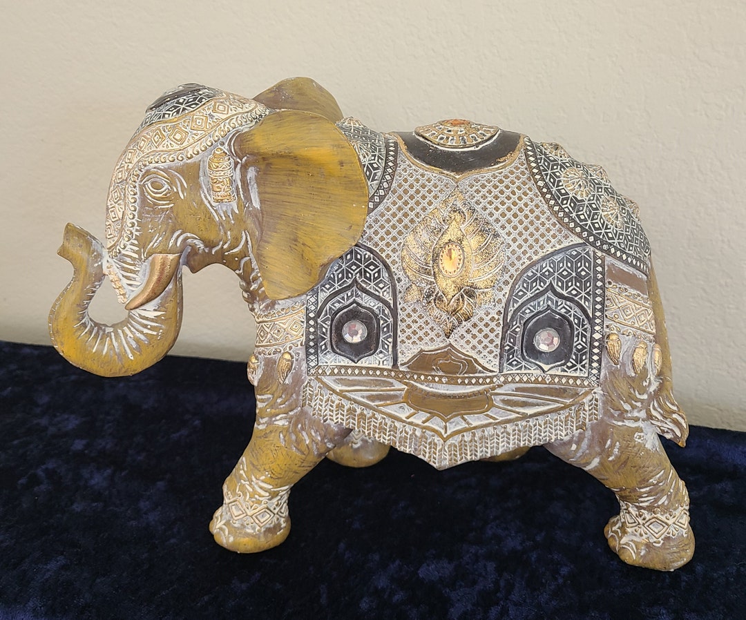 Elephant Statue Trunk up Brown Antiqued Finish Gold Jewels in Etsy